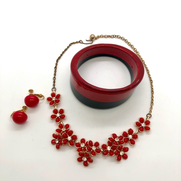 Vintage Red Flower Necklace & Retro Jewelry Lot - Picture 13 of 16